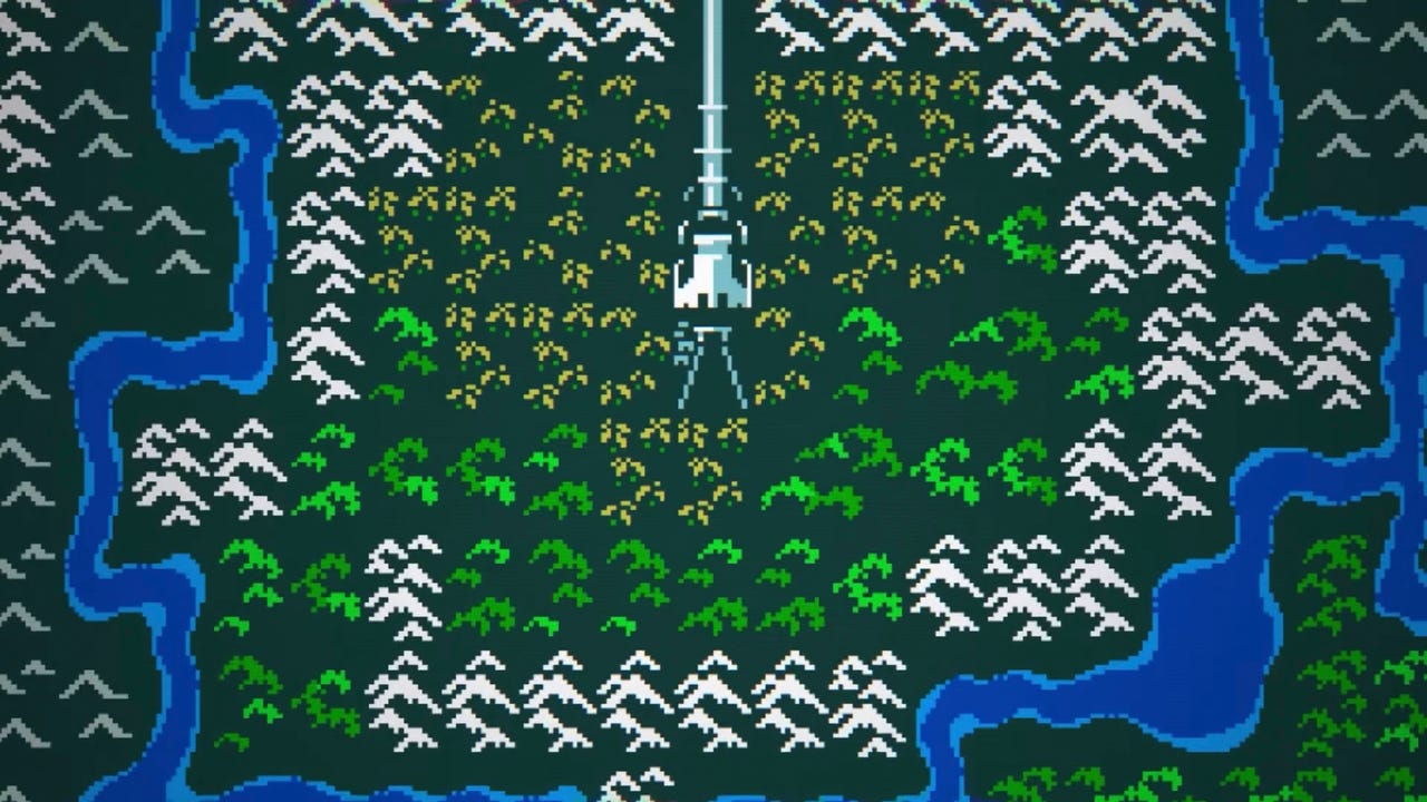 A screenshot from Caves of Qud shows a portion of the game's overworld map rendered in its signature retro, tile-based art style. In the center stands a large, white vertical structure known as the "Spindle."