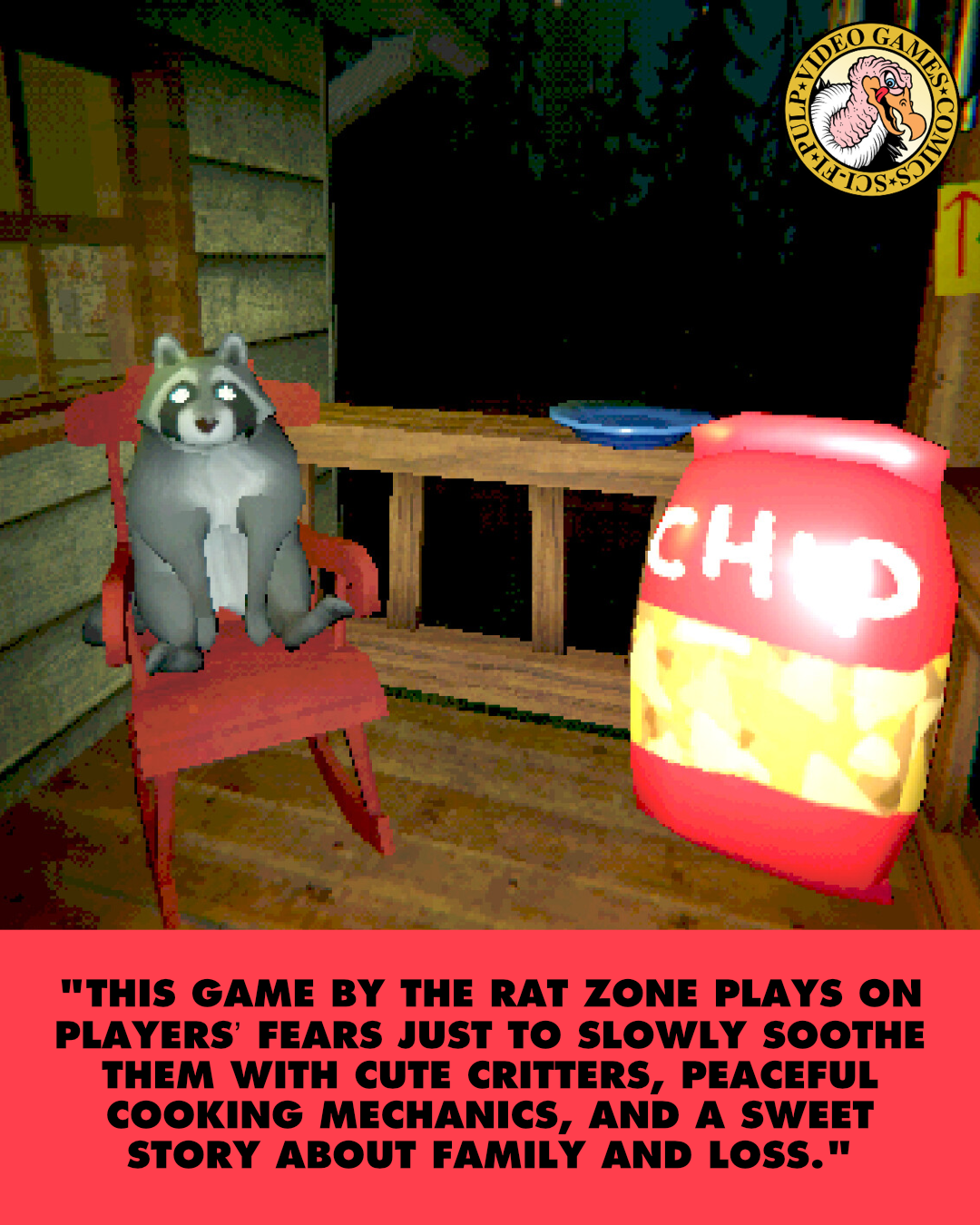 A screenshot from Creature Kitchen where a low poly racoon is sitting on a rocking chair on a porch at night by a lamp and some wind chimes and it's cozy and creepy. A quote below the image reads: "This game by The Rat Zone plays on players’ fears just to slowly soothe them with cute critters, peaceful cooking mechanics, and a sweet story about family and loss."