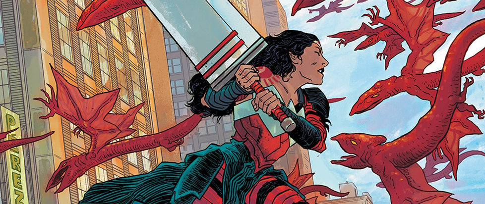 Wonder Woman, wielding a gigantic blade, battles several dragon-like creatures known as harbingers.