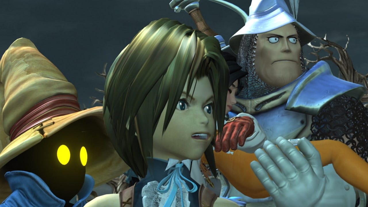 A screenshot from Final Fantasy IX depicts a tense moment during the party's escape from the Evil Forest early in the game.