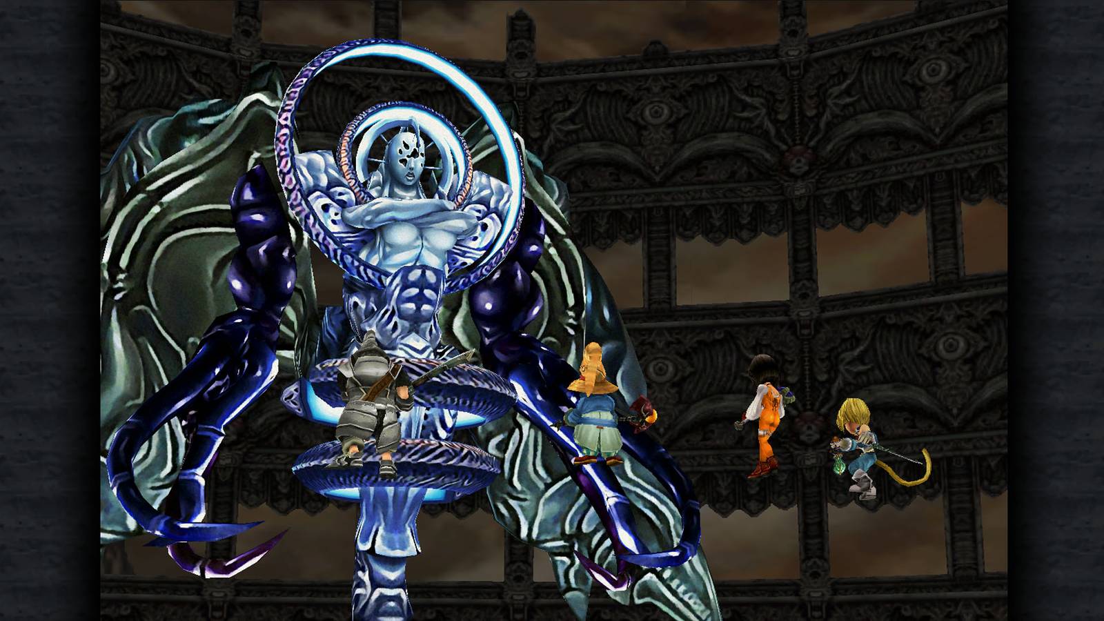 The final boss in Final Fantasy IX features a muscular, pale-blue crystalline torso, a faceless head with multiple glowing eye-like spots, and massive, dark-purple metallic limbs.