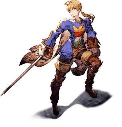 Ramza Beoulve stands posed with one leg propped on a stone step, sword drawn and ready.