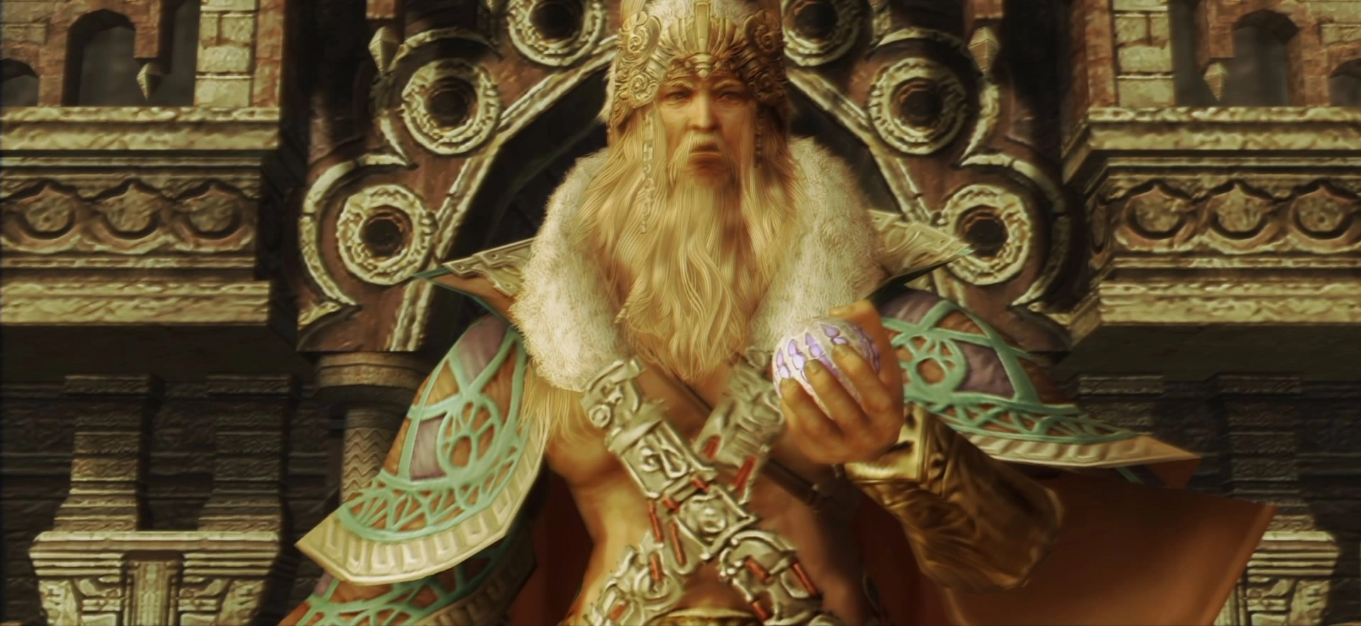 King Raithwall, also known as the Dynast King, seated on an ornate throne while holding a piece of nethicite.