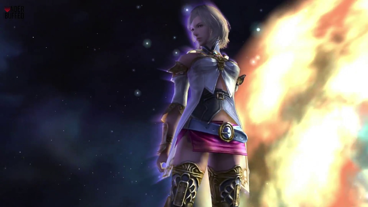 Ashe stands against a dark, cosmic-looking background filled with small, glowing particles resembling stars.