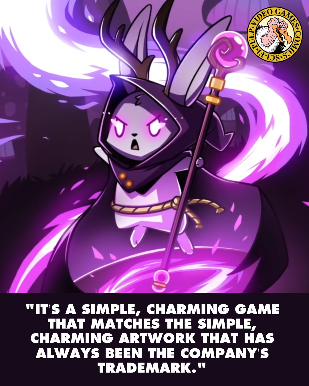 A purple jackalope sage from Here to Slay prepares a powerful spell, purple light swirling around them. A quote below the image reads: "It’s a simple, charming game that matches the simple, charming artwork that has always been the company’s trademark."