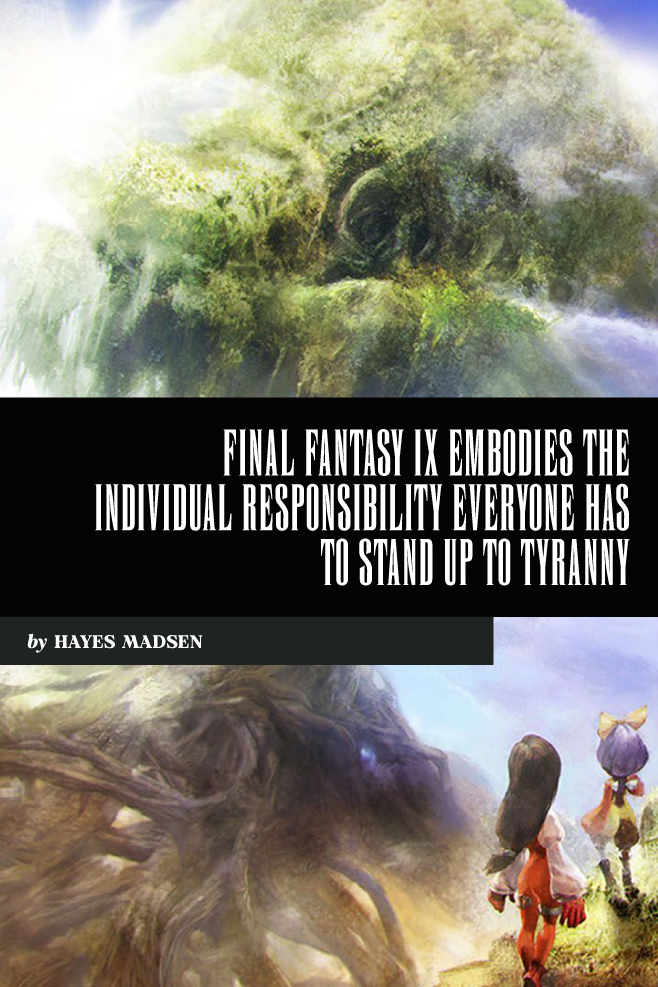 Two characters from Final Fantasy IX gaze at the twisted roots of a tree.