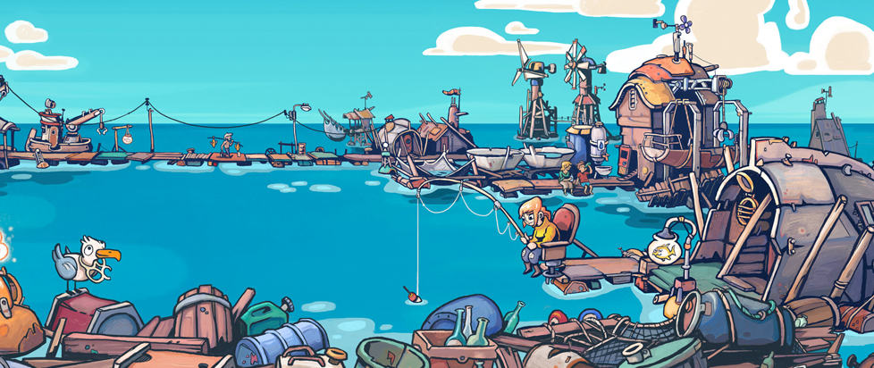 A screenshot from Flotsam shows a floating town constructed entirely from salvaged garbage and ocean debris.