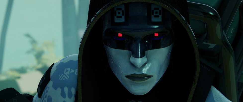 A close-up shot of a bio-cybernetic "Runner" from Bungie's shooter game Marathon, who is hooded and wearing harsh black-and-white face paint with glowing red eyes.