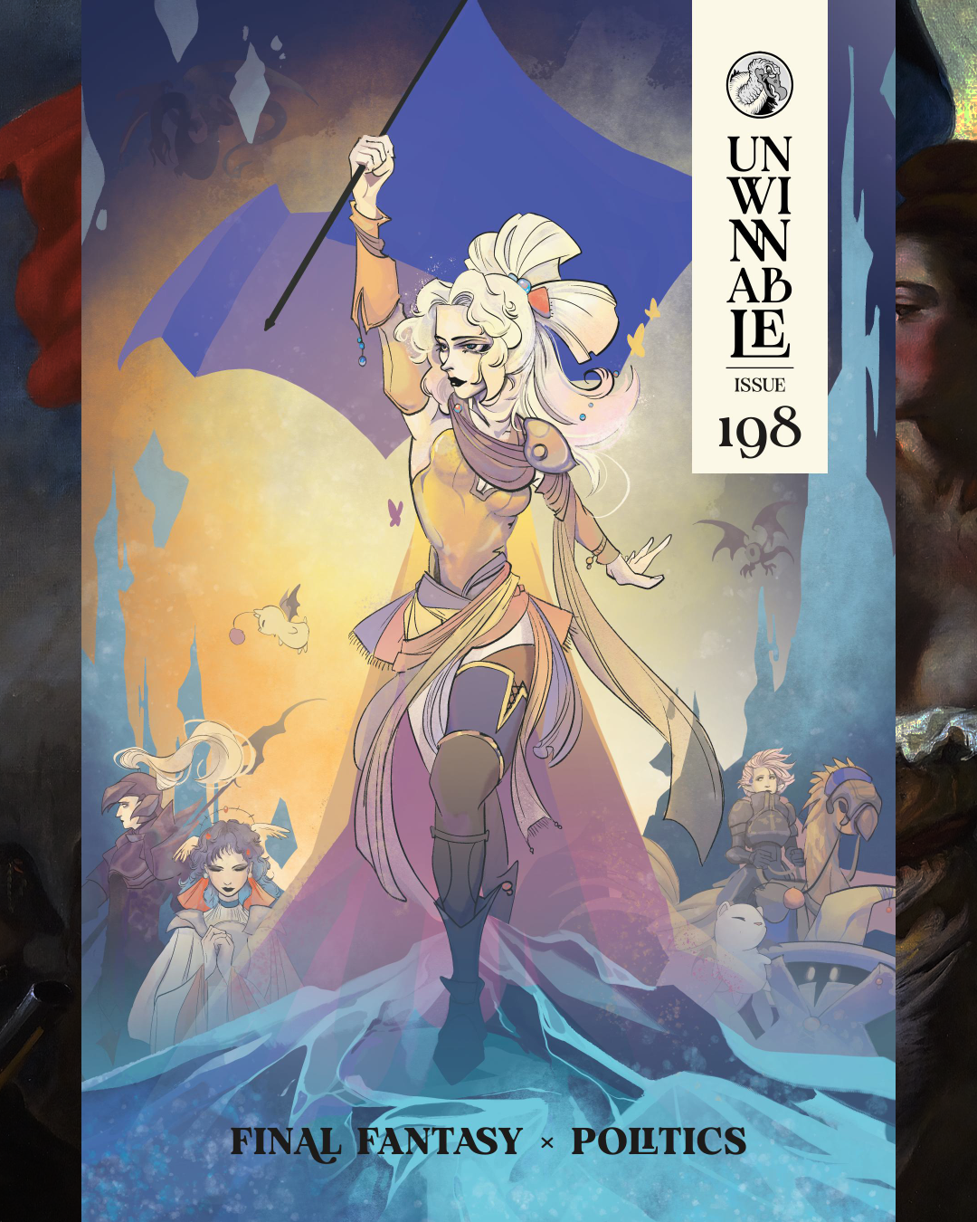 The cover of Unwinnable #198 features Final Fantasy's Celes holding a flag aloft in a riff on "Liberty Leading the People."