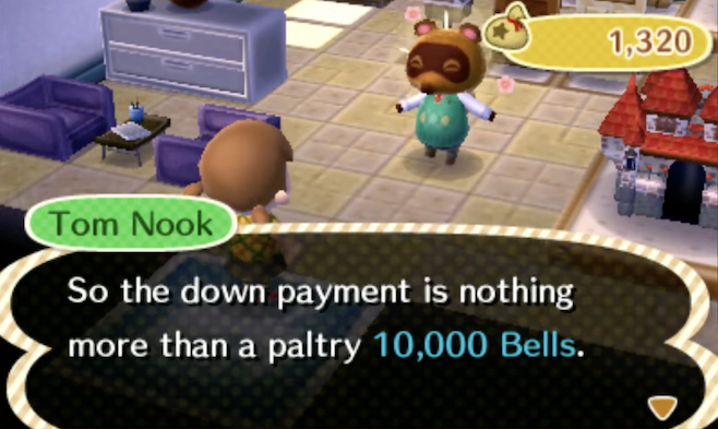 A screenshot from Animal Crossing New Leaf where Tom Nook in a cute green sweater is offering a home loan down payment of ten thousand bells