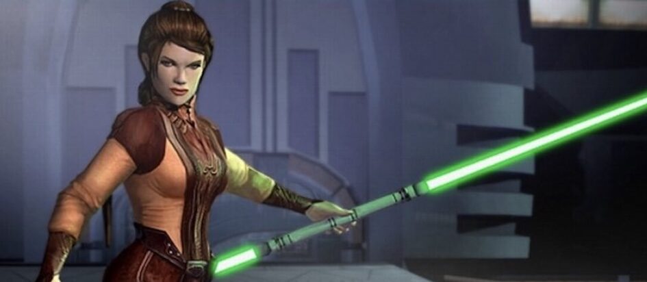 Promotional art for Knights of the Old Republic featuring the Jedi Bastila in a brown outfit and double-sided green lightsaber