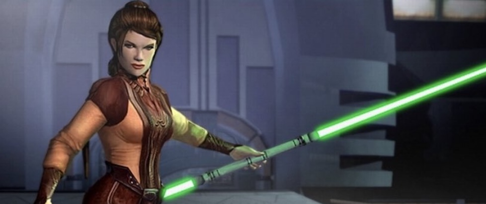 Promotional art for Knights of the Old Republic featuring the Jedi Bastila in a brown outfit and double-sided green lightsaber