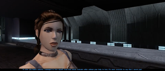 A screenshot from Knights of the Old Republic where Bastila is claiming that they in fact rescued the player but it could be the neural collar talking