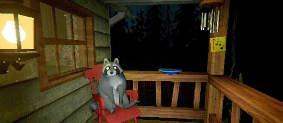 A screenshot from Creature Kitchen where a low poly racoon is sitting on a rocking chair on a porch at night by a lamp and some wind chimes and it's cozy and creepy
