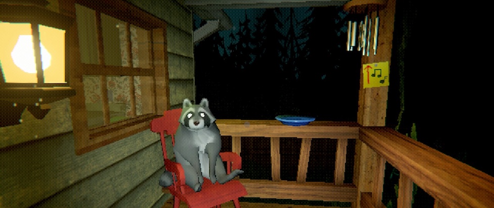 A screenshot from Creature Kitchen where a low poly racoon is sitting on a rocking chair on a porch at night by a lamp and some wind chimes and it's cozy and creepy