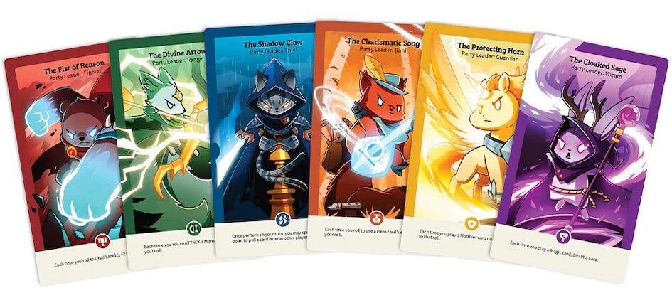 Six leader cards from Here to Slay including a glowing fist bear, green archer fox, ninja cat, bard cat, pony pegasus, and purple jackalope sage