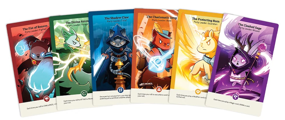 Six leader cards from Here to Slay including a glowing fist bear, green archer fox, ninja cat, bard cat, pony pegasus, and purple jackalope sage