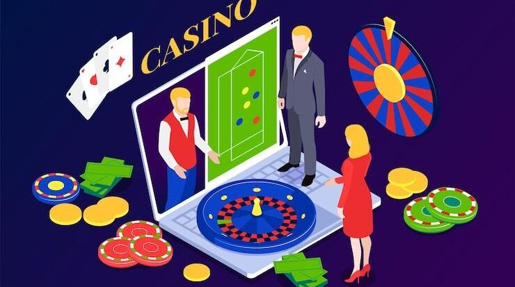 Isometric online casino concept gambling platform for live roulette and poker with cards chips laptop characters of croupier 3d vector illustration