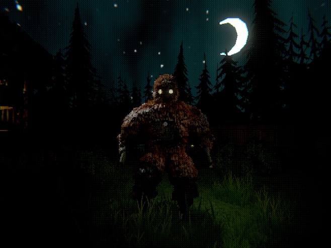 a screenshot from Creature Kitchen where the shadow man aka Sasquatch is standing in a field looking at you with the crescent moon hovering above