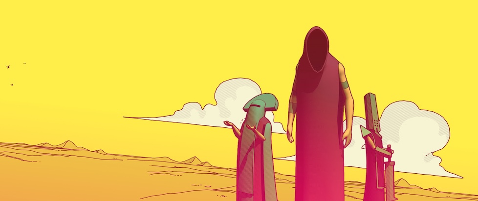 Key art for Chants of Sennaar where three red robed figures with different headwear are standing under a yellow sky