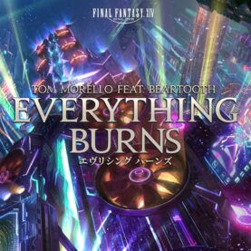 The cover art for the song "Everything Burns" by Tom Morello featuring Beartooth, which serves as a theme for the Final Fantasy XIV Arcadion raid. The artwork features a vibrant, futuristic aesthetic in shades of neon blue, purple, and gold.