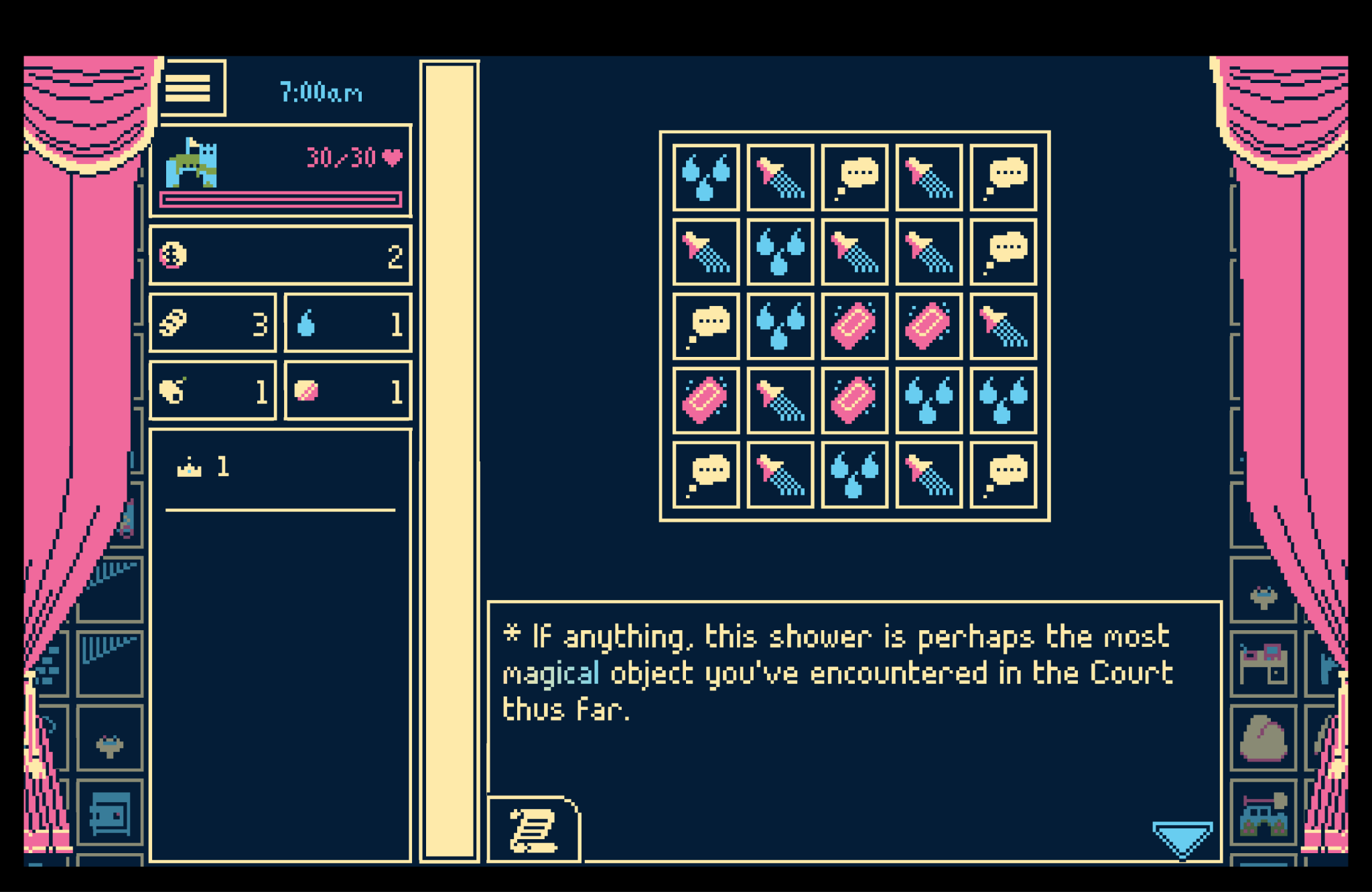 A screenshot from Titanium Court shows a dark blue background and pink theater curtains on the sides. On the left is a menu with stats: "7:00 a.m.", a castle icon with "30/30", and several small icons for items like coins, bombs, and pink orbs.