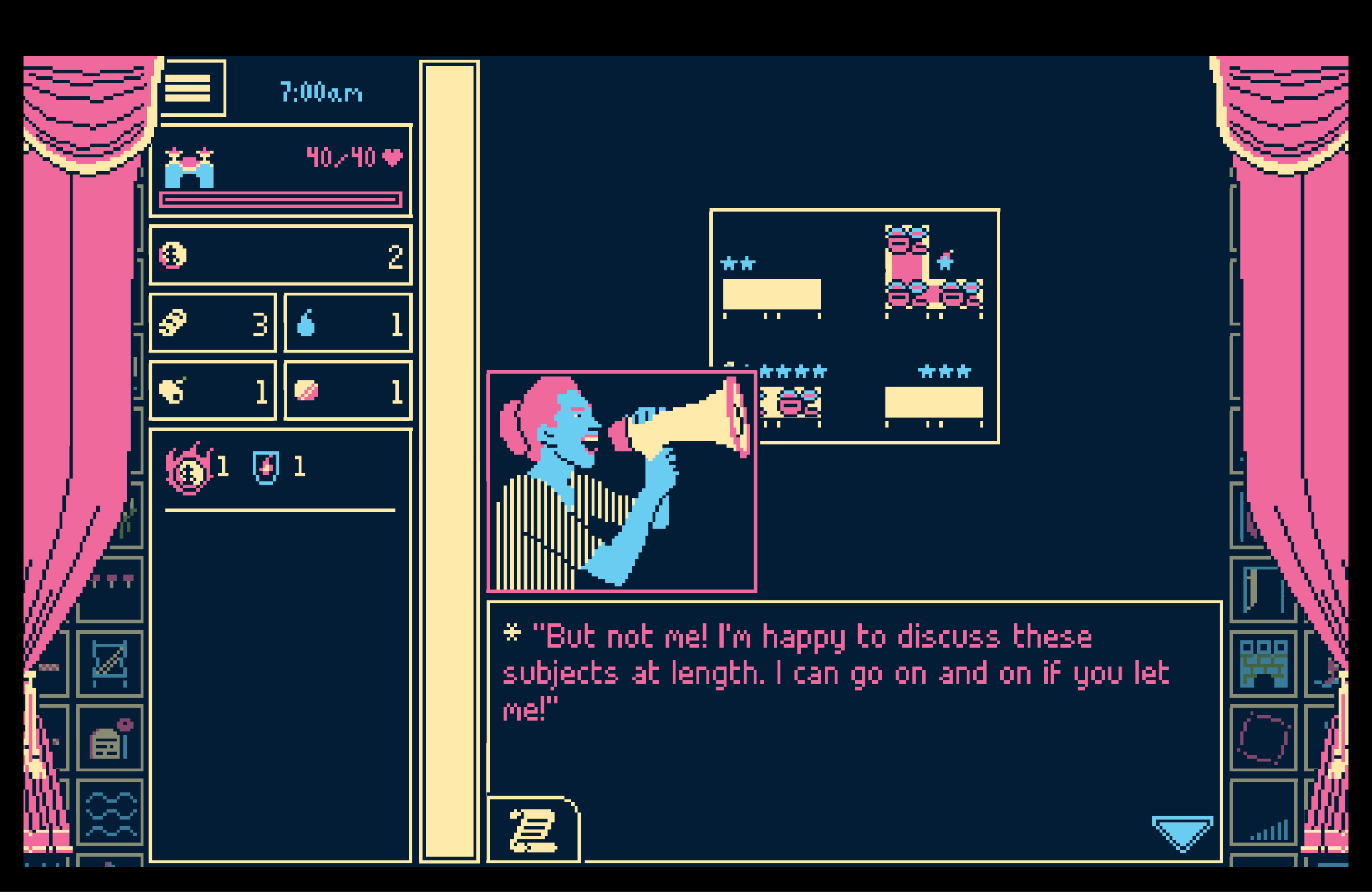 Another screenshot of a dark blue background framed with pink curtains shows a pixelated portrait of a person with pink hair shouting into a megaphone. To the right, a dialogue box contains white text: "But not me! I'm happy to discuss these subjects at length. I can go on and on if you let me!"