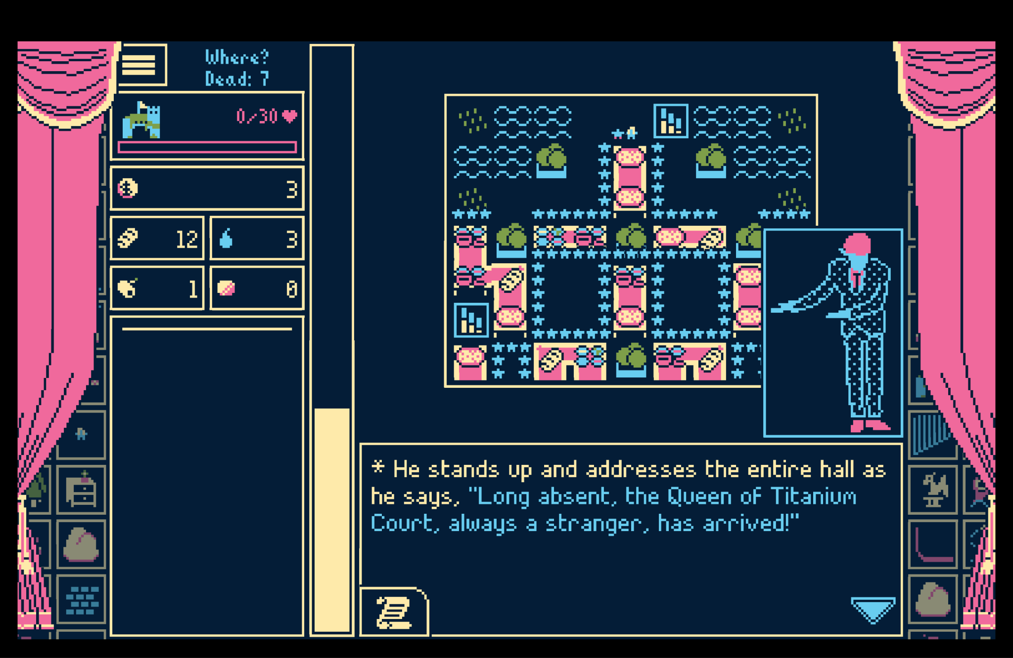 Another curtain-framed screenshot features a grid layout with several rectangular pink tables and blue-and-green vegetable or plant icons. A faceless man in a patterned suit with his arms outstretched is on the right-hand side, and below it all a text box reads: "* He stands up and addresses the entire hall as he says, 'Long absent, the Queen of Titanium Court, always a stranger, has arrived!"