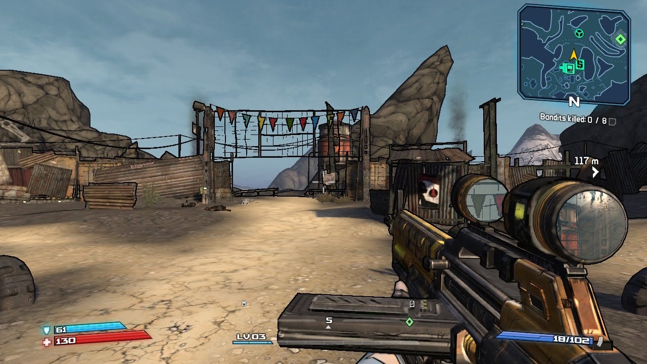 A first-person perspective screenshot from Borderlands, showing a character holding a large, futuristic assault rifle with a high-tech scope. The scene is set in a dusty, cel-shaded desert landscape under a grey, overcast sky.