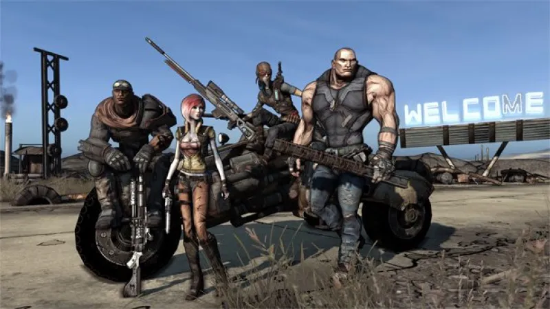 A screenshot of the four original playable Vault Hunters standing in a desolate, sun-bleached desert landscape. 