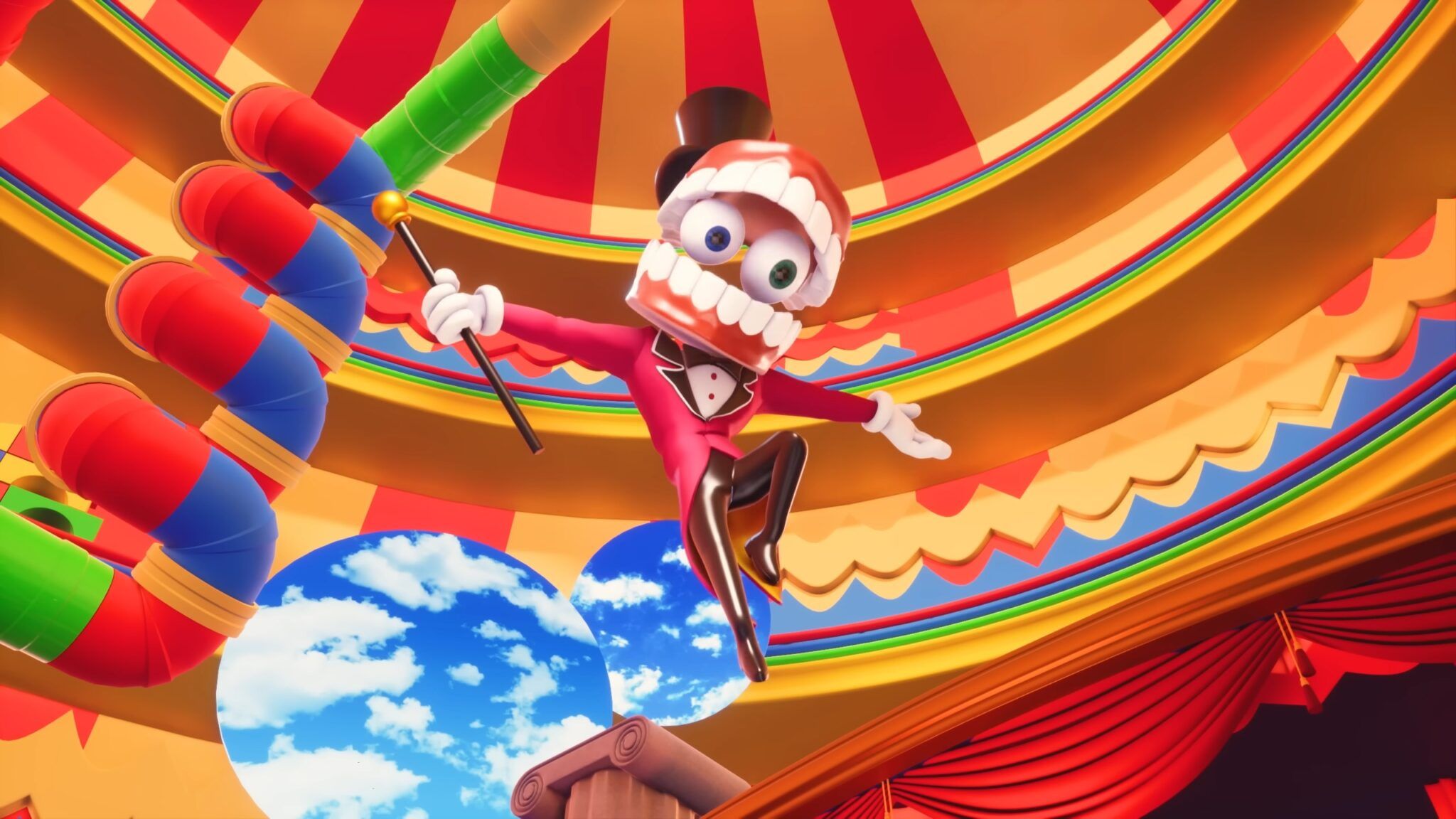 This image features Caine, the ringmaster from The Amazing Digital Circus. His head consists of a large pair of dentures with pearly-white teeth and red gums.