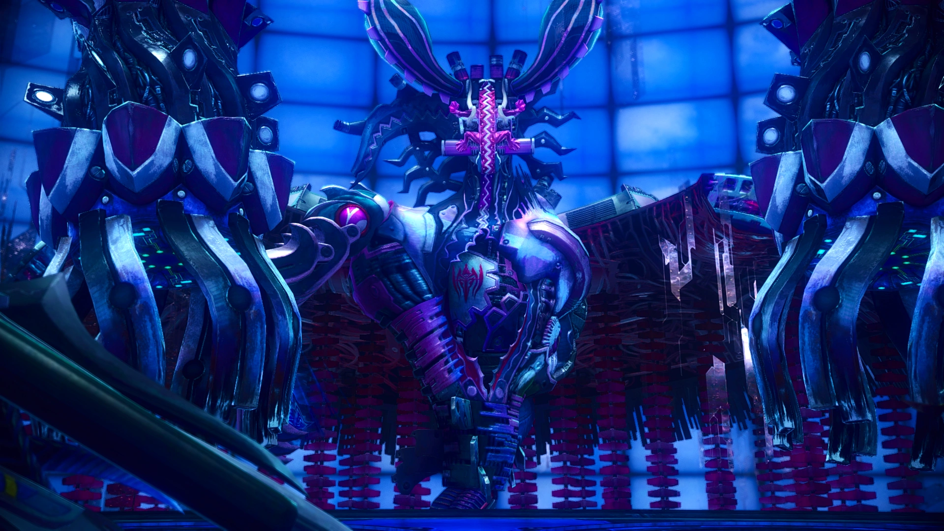 A screenshot shows Proto fal'Cie Adam, a man-made mechanical boss from the video game Final Fantasy XIII-2.