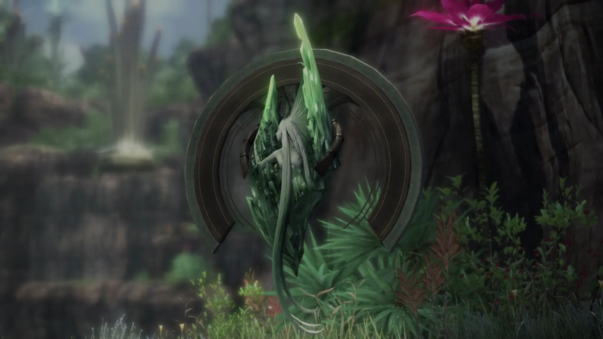 A Cie'th Stone from the video game Final Fantasy XIII, the green crystalline structure partially encased in a large, weathered, metallic or stone ring.