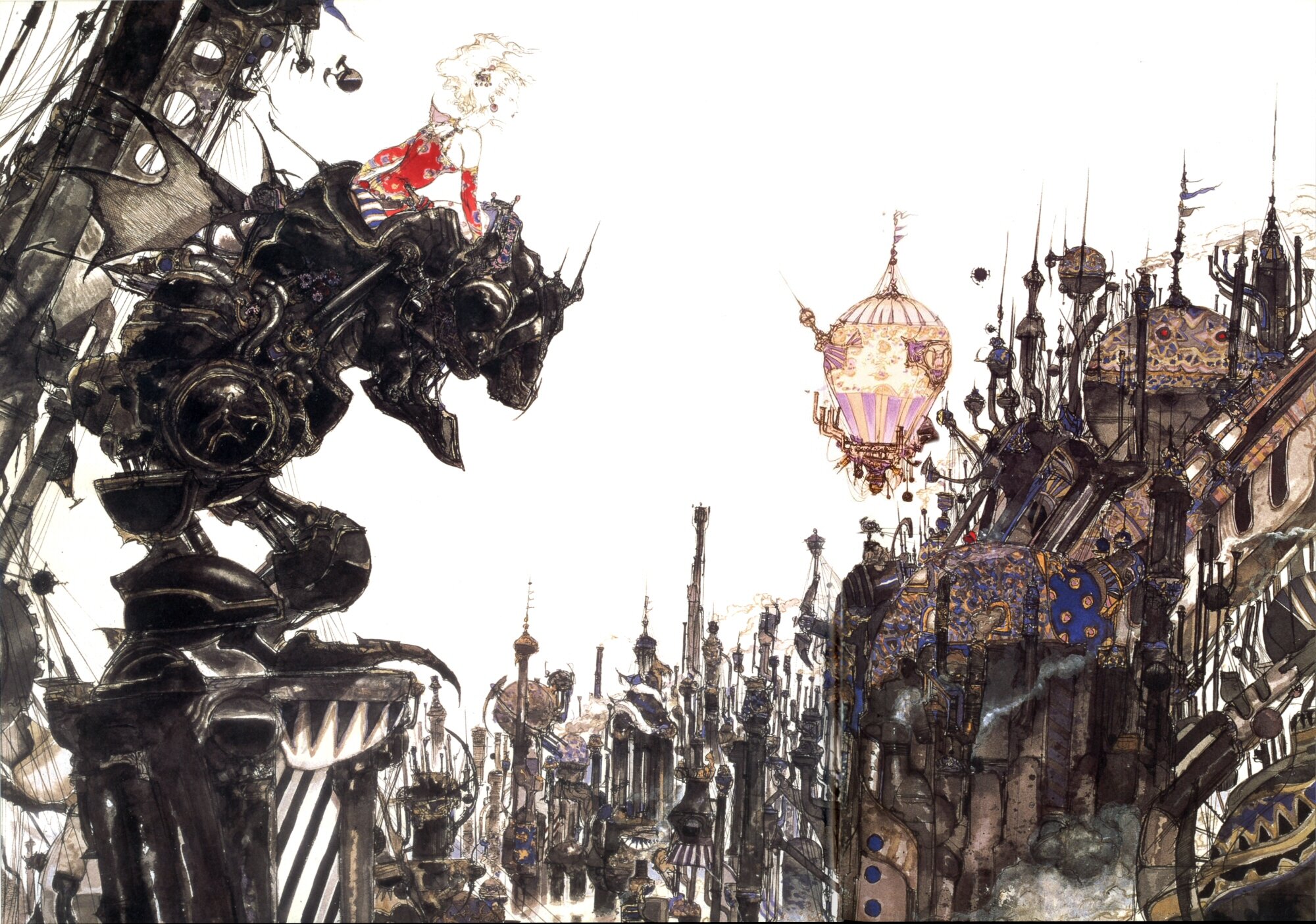 Concept art for Final Fantasy VI shows Terra riding a large, mechanical "Magitek Armor" suit. The characters are positioned overlooking a dense, convoluted landscape.