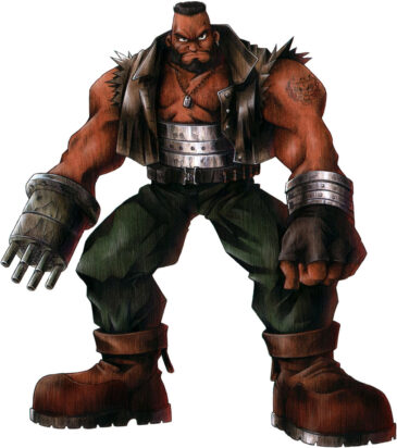 Official character art of Barret Wallace from the video game Final Fantasy VII. Resembling Mr. T in his style, Barret notably also has a prosthetic machine gun arm.