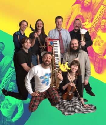 members of Pixel.wav, a video game ensemble band based in New Brunswick, posed against a bright, multi-colored background of yellow, pink, and green.