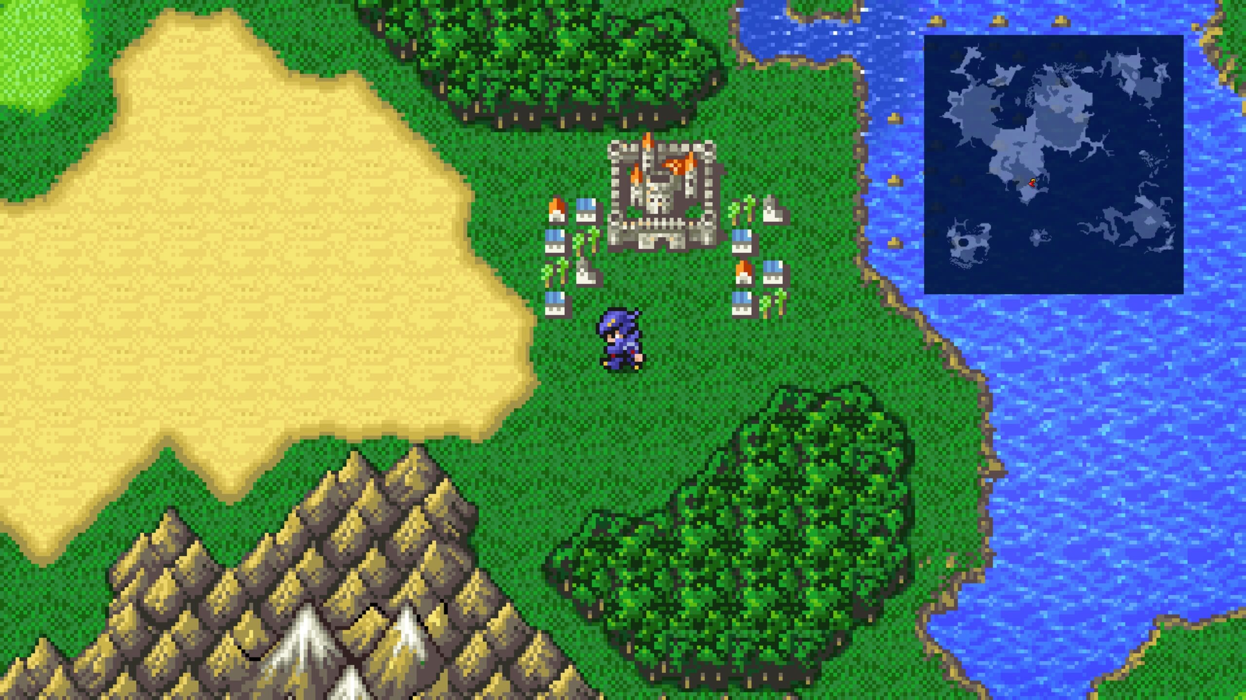 Another screenshot from FFIV shows the character Cecil Harvey in his Dark Knight form standing near Baron Castle and its adjacent town. The scene is set on a lush green grassy plain. To the left is a large sandy desert area, and below the character is a dense, dark green forest. A jagged mountain range with some snow-capped peaks runs along the bottom left.
