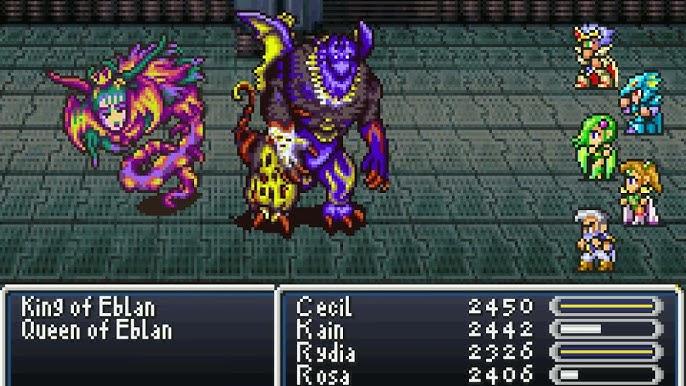 A screenshot from Final Fantasy IV shows two large, colorful demonic bosses facing off against the player's party. One is a serpent-like creature with a woman's head and vibrant purple and yellow scales (Queen of Eblan); the other is a massive, purple-skinned ogre with yellow armor and horns (King of Eblan).