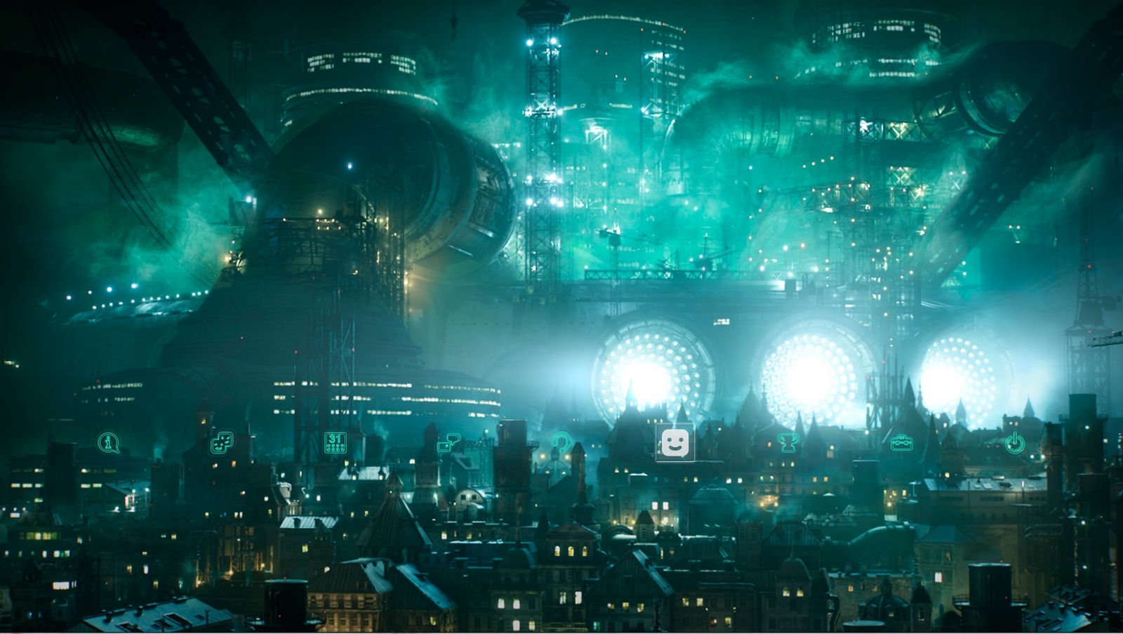 Midgar at night, bathed in a glowing emerald-green haze. In the foreground, a dense cluster of dark, European-style rooftops and buildings sits in shadow. Above the city, massive industrial structures and pipes loom, illuminated by bright, circular white lights and glowing green vapor.