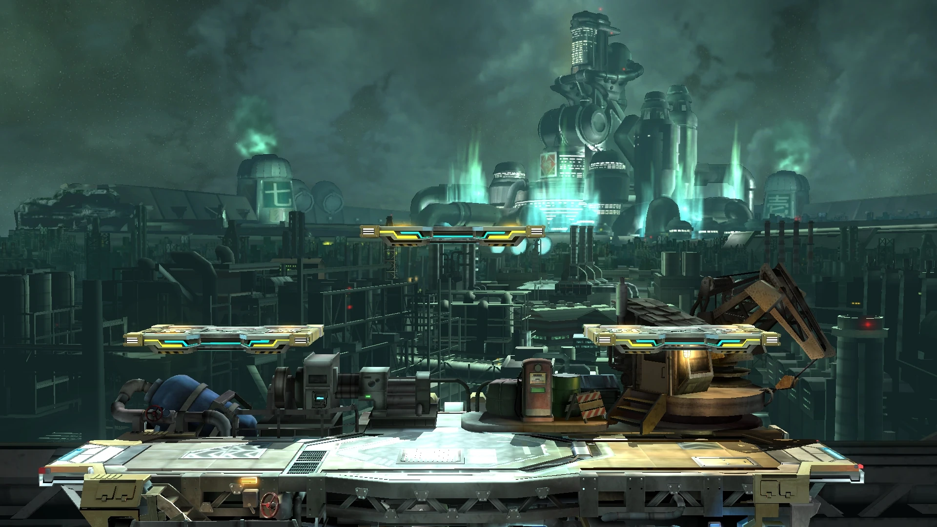 A screenshot of the Midgar stage from Super Smash Bros. The layout features a large main platform and three smaller fall-through platforms arranged above it.