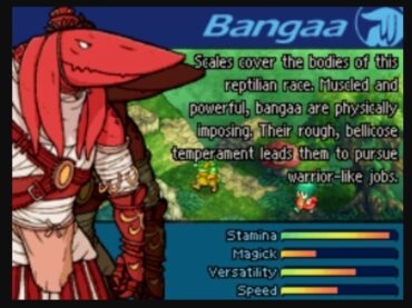 A large, stylized illustration of and info on a Bangaa, a reptilian humanoid with a long, pointed snout, red scales, and drooping, ear-like appendages. The character wears a white tunic with brown leather straps and gauntlets.