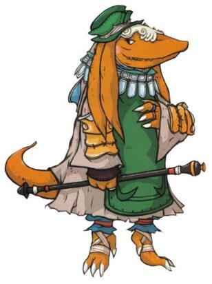 An orange lizard-like bangaa with long, drooping ears and a reptilian snout, standing in a three-quarter view. It wears a green hat and a green tunic over a light-colored, ragged cloak.