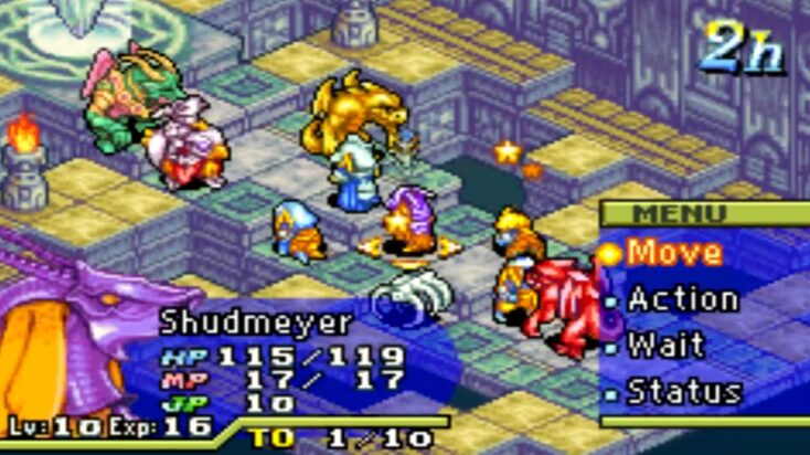 A screenshot from Final Fantasy Tactics Advance for the Game Boy Advance. The scene features a grid-based, isometric battlefield within a purple and gold temple-like setting.