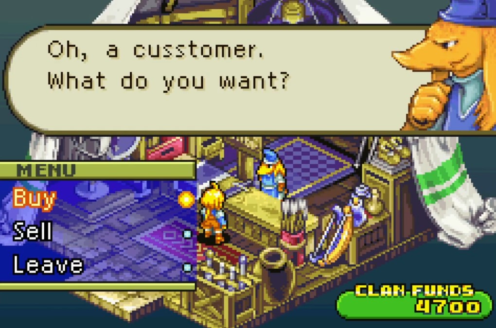 Another screenshot from FFTA shows a shop interface. At the top, a large, tan speech bubble contains a portrait of a lizard-like Bangaa shopkeeper wearing a blue hat and tunic. The text inside reads, "Oh, a cusstomer. What do you want?"