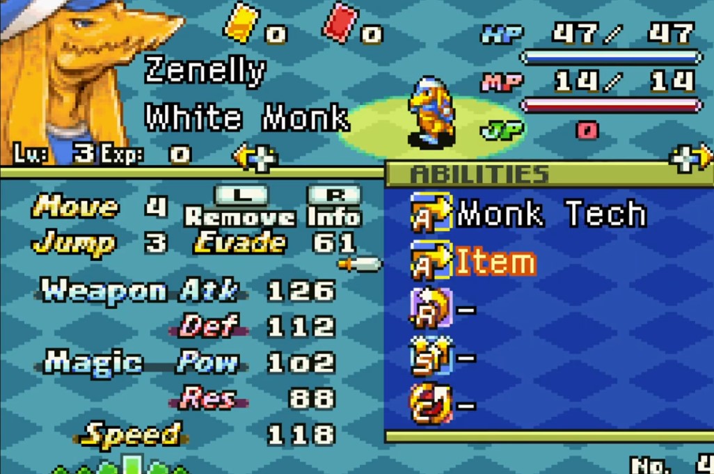 A screenshot showing the status menu for a character named Zenelly. Zenelly is a White Monk of the Bangaa race, depicted as an orange, lizard-like humanoid wearing blue and yellow robes.