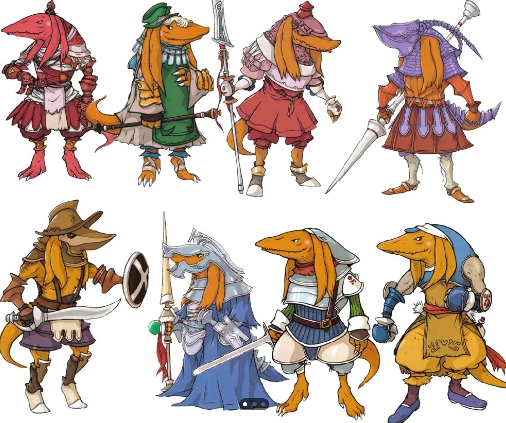 Two rows of concept art illustrations show various job classes for the Bangaa race from the Final Fantasy Tactics series, illustrated by Ryouma Itou.