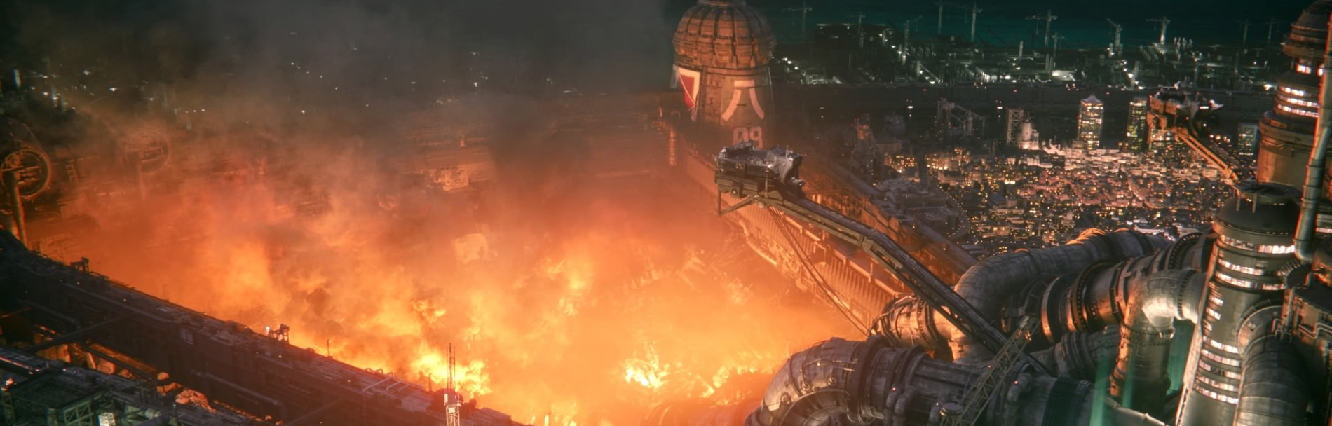 Another screenshot shows a cinematic scene from Final Fantasy VII Remake depicting the catastrophic collapse of the Sector 7 plate in the city of Midgar. A massive sea of orange fire and thick smoke dominates the left side, representing the destruction of the Sector 7 slums below after the upper plate fell.