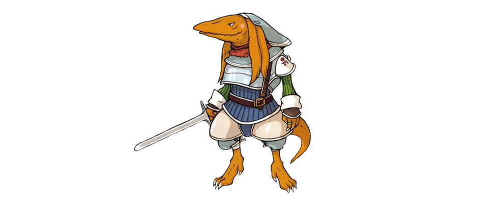An orange-skinned, reptilian creature known as a Bangaa from the Final Fantasy series, standing in a neutral pose against a plain white background.