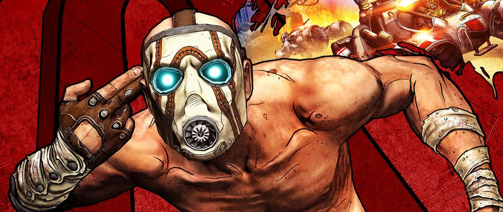 Key art from the Borderlands videogame shows the character known as Psycho wearing a distinctive white and brown vault hunter mask with glowing blue eyes and a mechanical respirator over the mouth and holding his right hand to his temple in a finger-gun gesture.