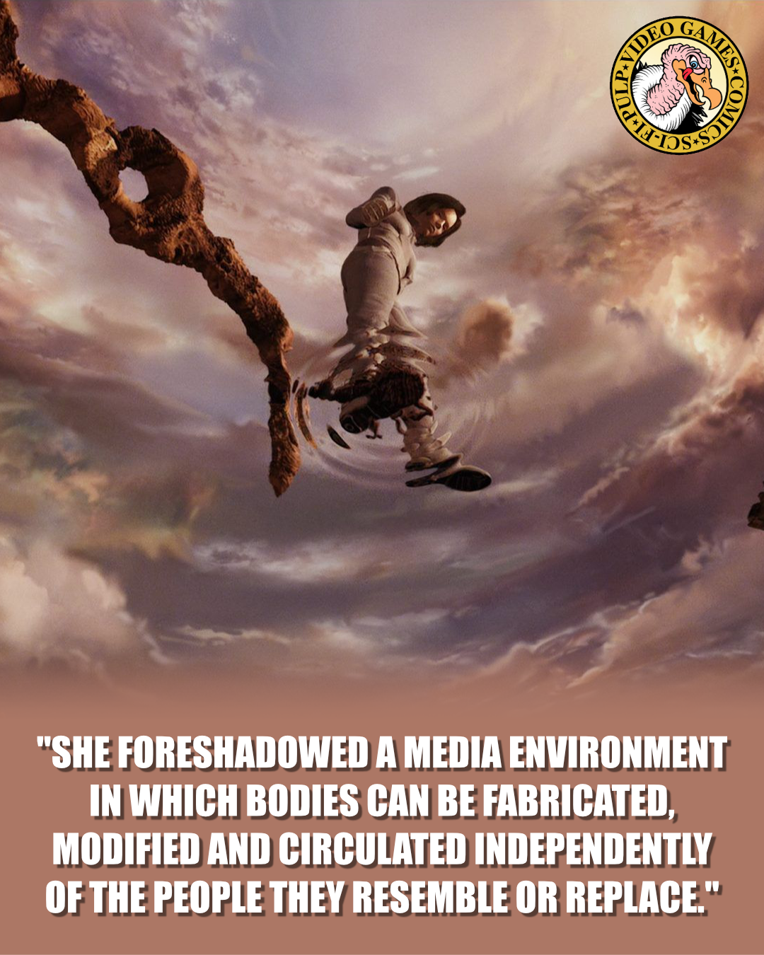 A scene from Final Fantasy: The Spirits Within shows a sequence where Aki Ross dreams she's walking on a crystal pool of water. Behind her, the sky's ablaze in pinks. A quote below the image reads: "She foreshadowed a media environment in which bodies can be fabricated, modified and circulated independently of the people they resemble or replace."